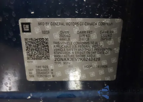 2019 Chevrolet Equinox Lt из США, поврежденный, VIN 2GNAXJEV7K6243428